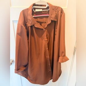 Brylane Woman Brown Button Front Blouse Plus Size Long Sleeve Relaxed Fit 2X